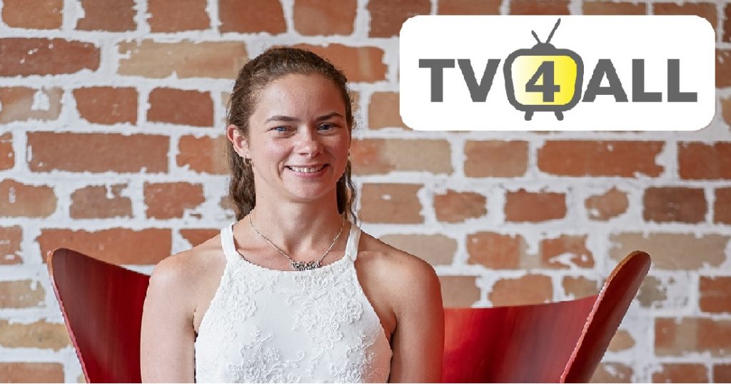Image of a young woman wearing white seated in front of a brick wall, text reads "TV 4 All"